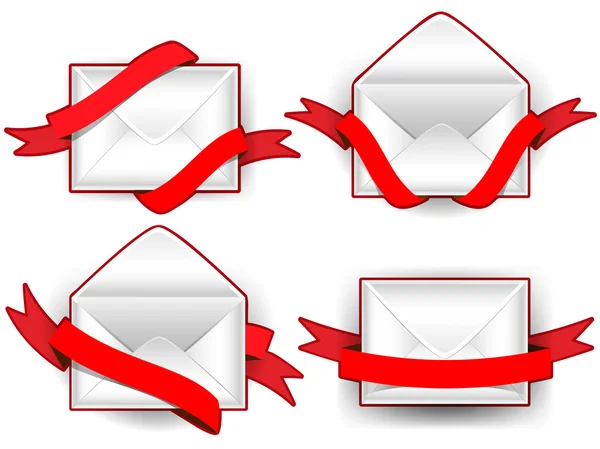 Conjunto de envelopes abertos e selados com fitas vermelhas . —  Vetores de Stock