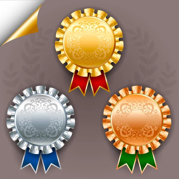 Conjunto vectorial de tres insignias de cinta de premio de color con plata y listo — Vector de stock