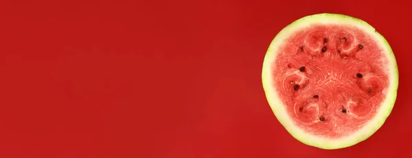 Half Fresh Watermelon Red Background Horizontal Banner Copy Space Text — Stock Photo, Image