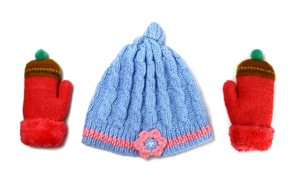 Winterliche Kinderkleidung Fäustlinge Handschuhe Und Mütze Isoliert Auf Weiß — Stockfoto