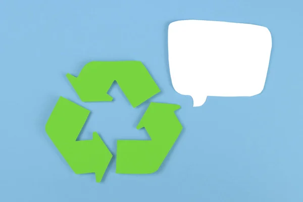 Sign Recycling Made Green Paper Blue Background Speech Balloon Text — Stock Photo, Image