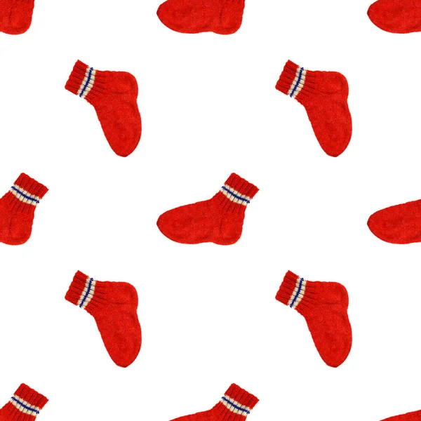 Pattern Seamless Warm Woolen Red Sock Knitted White Background — Stock Photo, Image