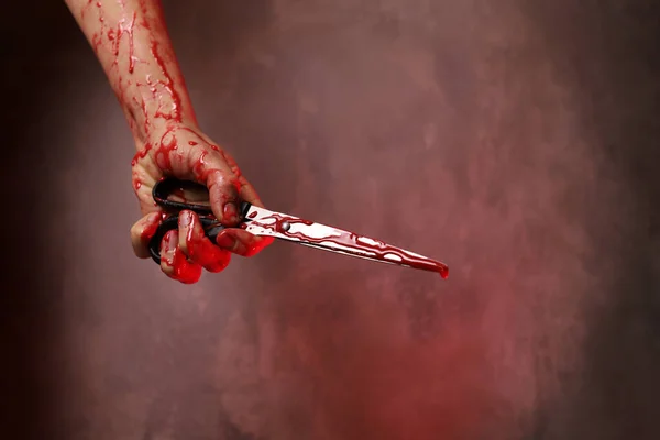 Woman Hand Holds Bloody Pair Scissors — Stock Photo, Image