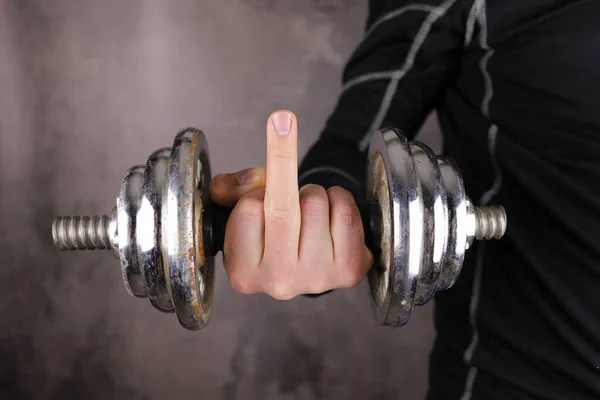 Man Dumbbells Shows Middle Finger Concept Healthy Lifestyle Fight Diseases — Stock Photo, Image