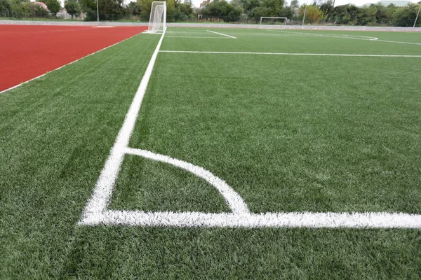 Esquina Campo Fútbol Artificial Con Marcas Blancas Estadio — Foto de Stock