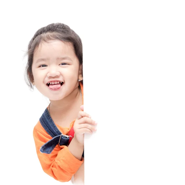 Isolated asian girl holding blank board — Stock Photo, Image