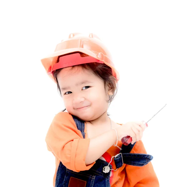 Isolado ngineer bebê menina e chave de fenda na mão — Fotografia de Stock