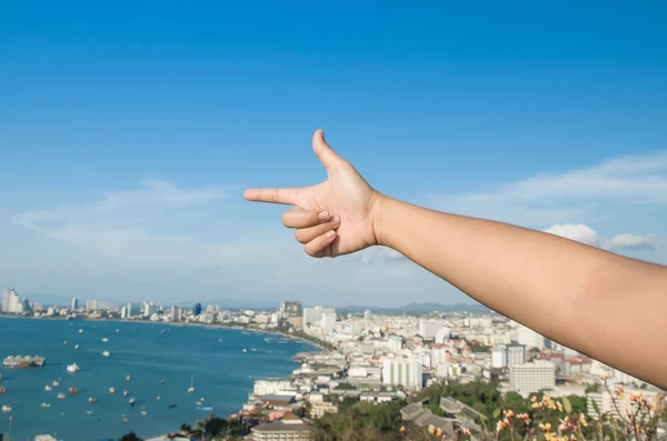 Woman finger point to the sky — Stock Photo, Image