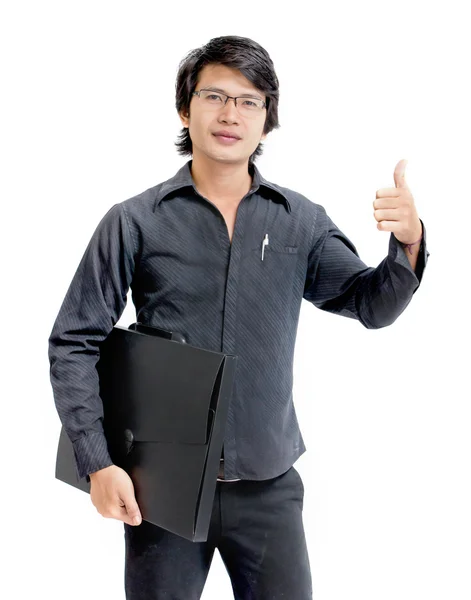 Zobrazeno palec mladé asijské obchodní muž — Stock fotografie