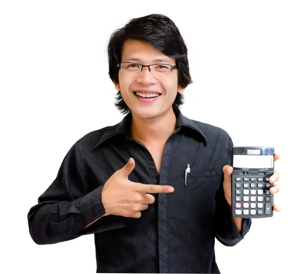 Sonrisa asiático hombre de negocios mostrando calculadora —  Fotos de Stock