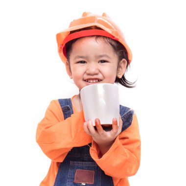 Smile Asian Engineer baby girl holding the white mug clipart