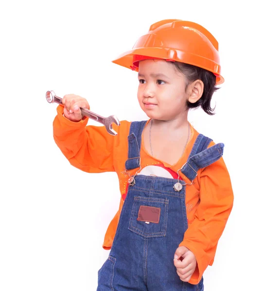 Азіатський інженер дитина дівчина і гайкові в руці — стокове фото