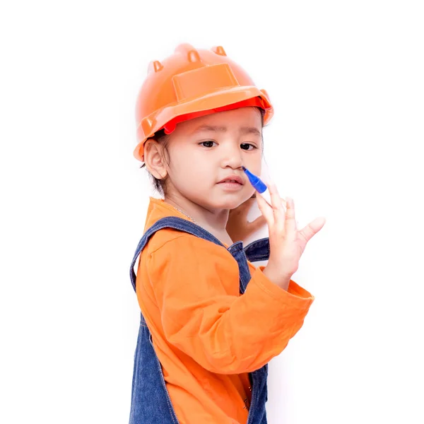 Ingeniero asiático bebé niña con pluma en la mano —  Fotos de Stock