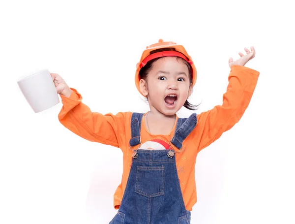 Asian Engineer baby girl holding the white mug — Stock Photo, Image