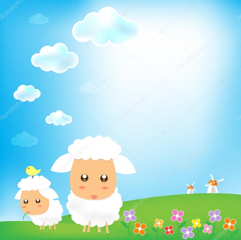 Sky and sheep with grass wind mill background 002