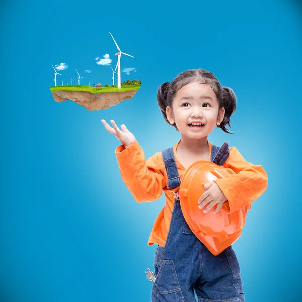 Sonrisa asiática Ingeniero bebé niña con pequeña isla flotante —  Fotos de Stock