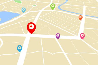 Varış noktası olan bir haritanın üç boyutlu üst görüntüsü, sokak ve nehir ile gündüz şehir haritasının hava temizliği, boş şehir hayal gücü haritası, GPS haritası navigatör konsepti, vektör ilülasyonu