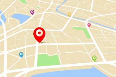 Varış noktası olan bir haritanın üç boyutlu üst görüntüsü, sokak ve nehir ile gündüz şehir haritasının hava temizliği, boş şehir hayal gücü haritası, GPS haritası navigatör konsepti, vektör ilülasyonu