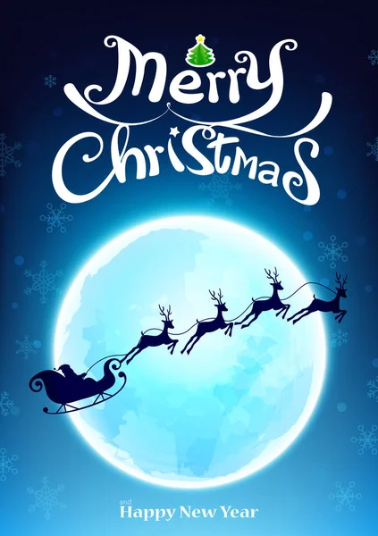 Buon Natale Testo Calligrafia Arte Con Silhouette Babbo Natale Renne — Vettoriale Stock