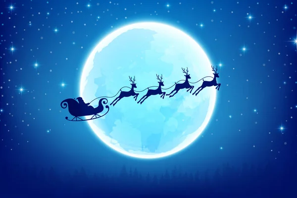 Silhouette Santa Reindeer Flying Night Sky Abstract Background Scenic Christmas — Stock Vector