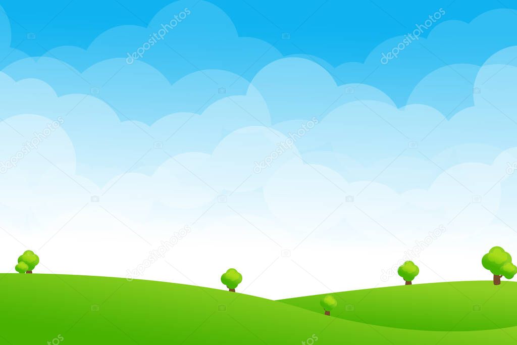 Scenic landscape of green field meadow against cloud and blue sky, abstract background natural field vector illustration