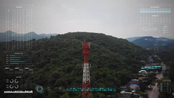 Aerial View Drone Shot Head Display Interface Hud Communication Tower — Vídeo de Stock