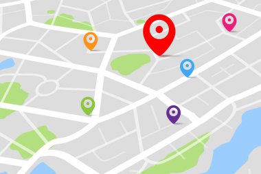 Varış noktası olan 3 boyutlu Isometric haritası, sokak ve nehir ile gündüz şehir haritası, boş şehir hayal gücü haritası, GPS haritası navigatör konsepti, vektör ilülasyonu