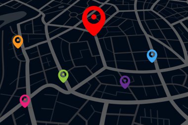 3D map with destination location point, Aerial clean top view of the city map with street and river, Blank urban imagination map, GPS map navigator concept, vector illustration