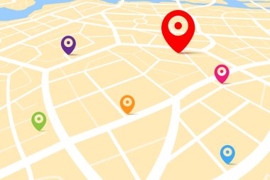 3D map with destination location point, Aerial clean top view of the city map with street and river, Blank urban imagination map, GPS map navigator concept, vector illustration