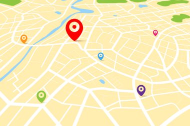 3D map with destination location point, Aerial clean top view of the city map with street and river, Blank urban imagination map, GPS map navigator concept, vector illustration