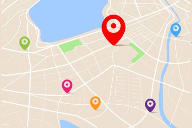 3D map with destination location point, Aerial clean top view of the city map with street and river, Blank urban imagination map, GPS map navigator concept, vector illustration