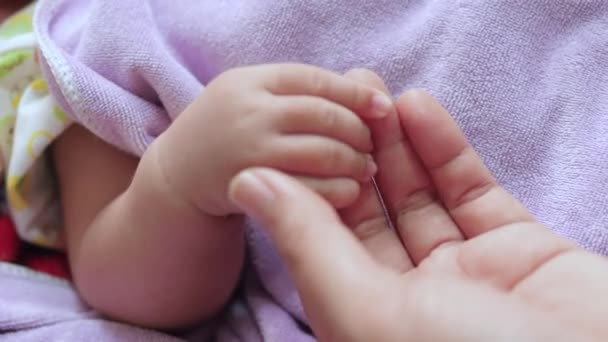 Hands Woman Touching Hand Newborn Baby Family Care Concept Selective — Vídeo de Stock