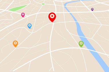 3D map with destination location point, Aerial clean top view of the city map with street and river, Blank urban imagination map, GPS map navigator concept, vector illustration