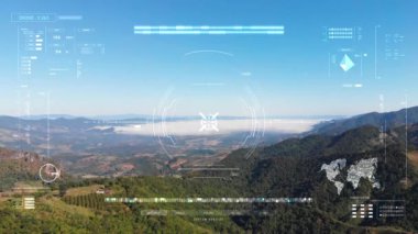 Aerial view drone shot with head up display interface HUD, Cyber futuristic and technology concept, dot and grain background processes
