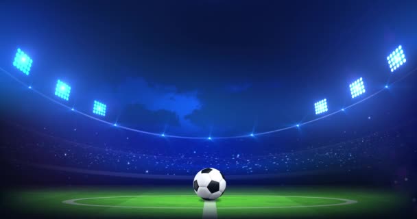 Snurrande Fotboll Sfär Med Kopia Utrymme För Fotboll Information Fotbollsstadion — Stockvideo