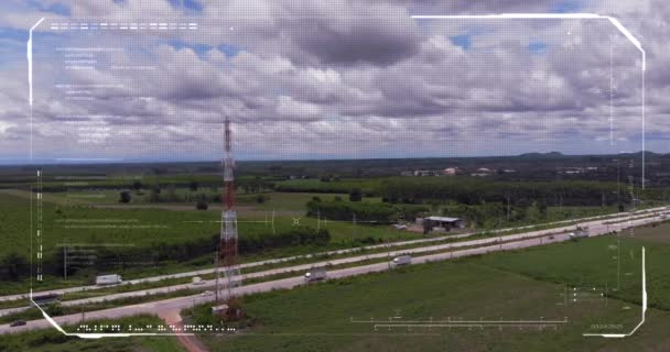 Drone Hud Head Visa Grafiskt Gränssnitt Med Natursköna Landskap Drönare — Stockvideo