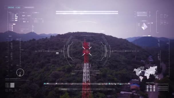 ドローンは Hudで田舎の風光明媚な風景を空中から撮影ヘッドアップディスプレイグラフィックインターフェイス サイバー技術と未来的な概念 — ストック動画