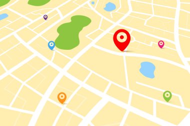 3D map with destination location point, Aerial clean top view of the city map with street and river, Blank urban imagination map, GPS map navigator concept, vector illustration