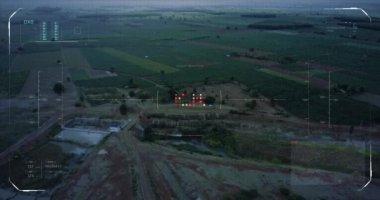 İnsansız hava aracı görüntü arayüzü ile manzara manzarası, insansız hava aracı teknolojisiyle fütüristik animasyon