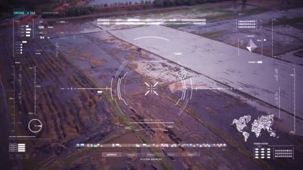 Drone Hud Cabeza Arriba Pantalla Interfaz Gráfica Con Paisaje Escénico — Vídeos de Stock