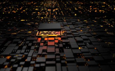 Aydınlatma devresi ana bilgisayarında 3D işlemci işlemci işlemci çipleri ayarlanıyor. Siber ve gelecekçi konsept, donanım, yapay zeka, elektronik ve teknoloji, kopyalama alanı ile