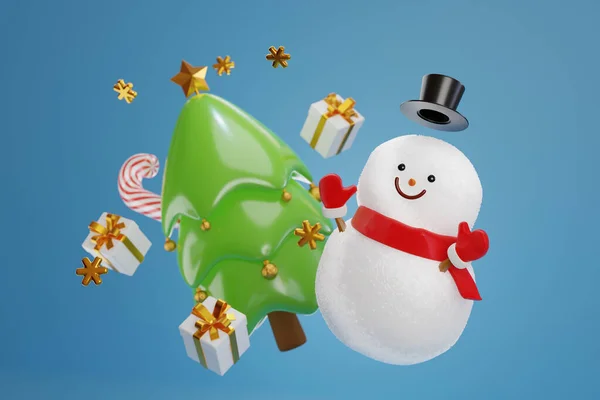 Vykreslování Roztomilý Sněhulák Hromadou Dárkové Krabice Vánoční Stromeček Cukrová Třtina — Stock fotografie