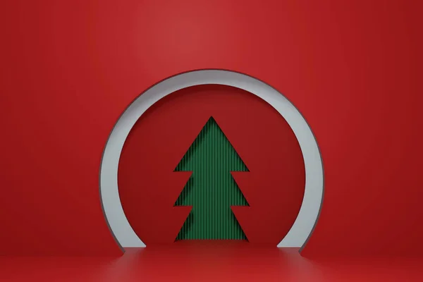 3Dレンダリング現実的な基本的な形状シリンダー台座の表彰台と抽象的な背景 製品表示プレゼンテーションや展示モックアップのための最小限のシーン クリスマスの装飾のための赤いスキーム — ストック写真