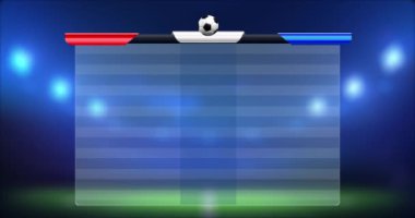 Futbol stadyumunda maç bilgisi için fotokopi alanı olan boş bir futbol stadyumu. 4K Video hareketli grafik canlandırması