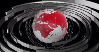 Dönen küreyi daire geometrisiyle üç boyutlu biçimlendiriyorum. Siber fütürist ve teknoloji konsepti için zarif ve modern 3D dünya. TV Yayın başlığı şablonu