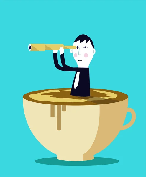 Biznesmen w filiżance kawy i poszukiwanie możliwości. — Wektor stockowy