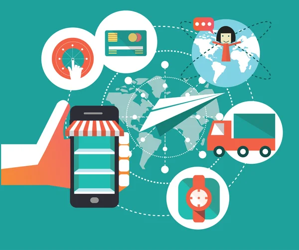 E-Commerce-Symbole, Einkaufen auf dem Handy — Stockvektor