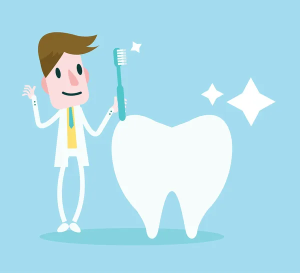 Zahnarzt mit einer Zahnbürste, die einen großen Zahn reinigt. — Stockvektor