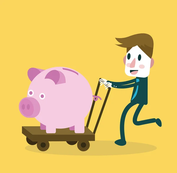 Zakenman blij met grote Piggy Bank. geld besparen . — Stockvector