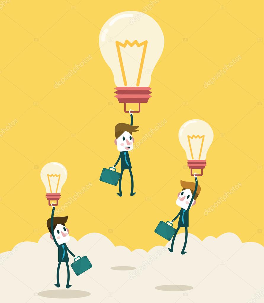 Businessman fly higher with big ideas light bulb.